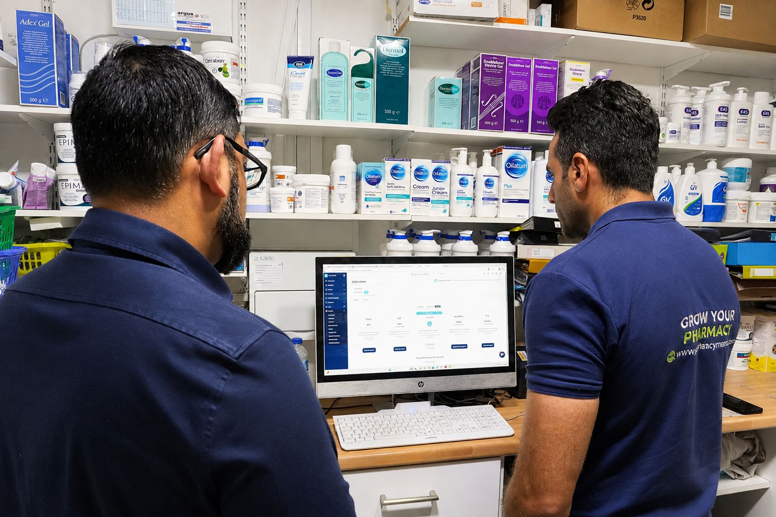 Pharmacy Mentor training a client on an online prescribing dashboard inside a community pharmacy